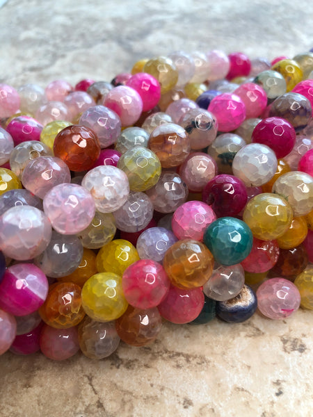 10mm Faceted Multi-Colored Agate Beads- (Pink/Yellow)