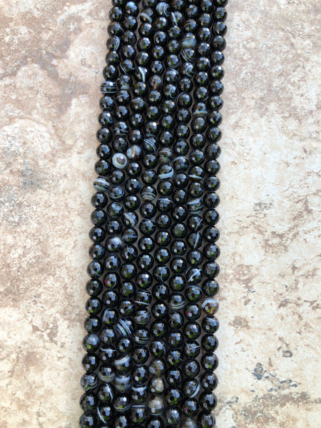 8mm Faceted Striped Black Agate Beads