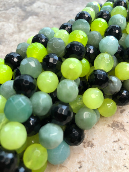 10mm Faceted Mixed Stone Beads- Neon Yellow Mix