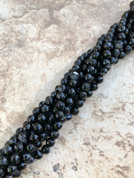 8mm Faceted Striped Black Agate Beads