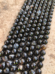 8mm Faceted Striped Black Agate Beads