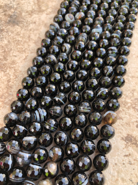 8mm Faceted Striped Black Agate Beads